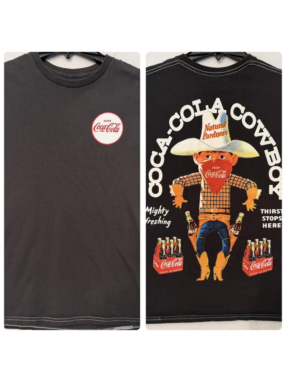 Coca-Cola Cowboy T-Shirt Size SMALL Charcoal Double Sided Tee Retro Graphic